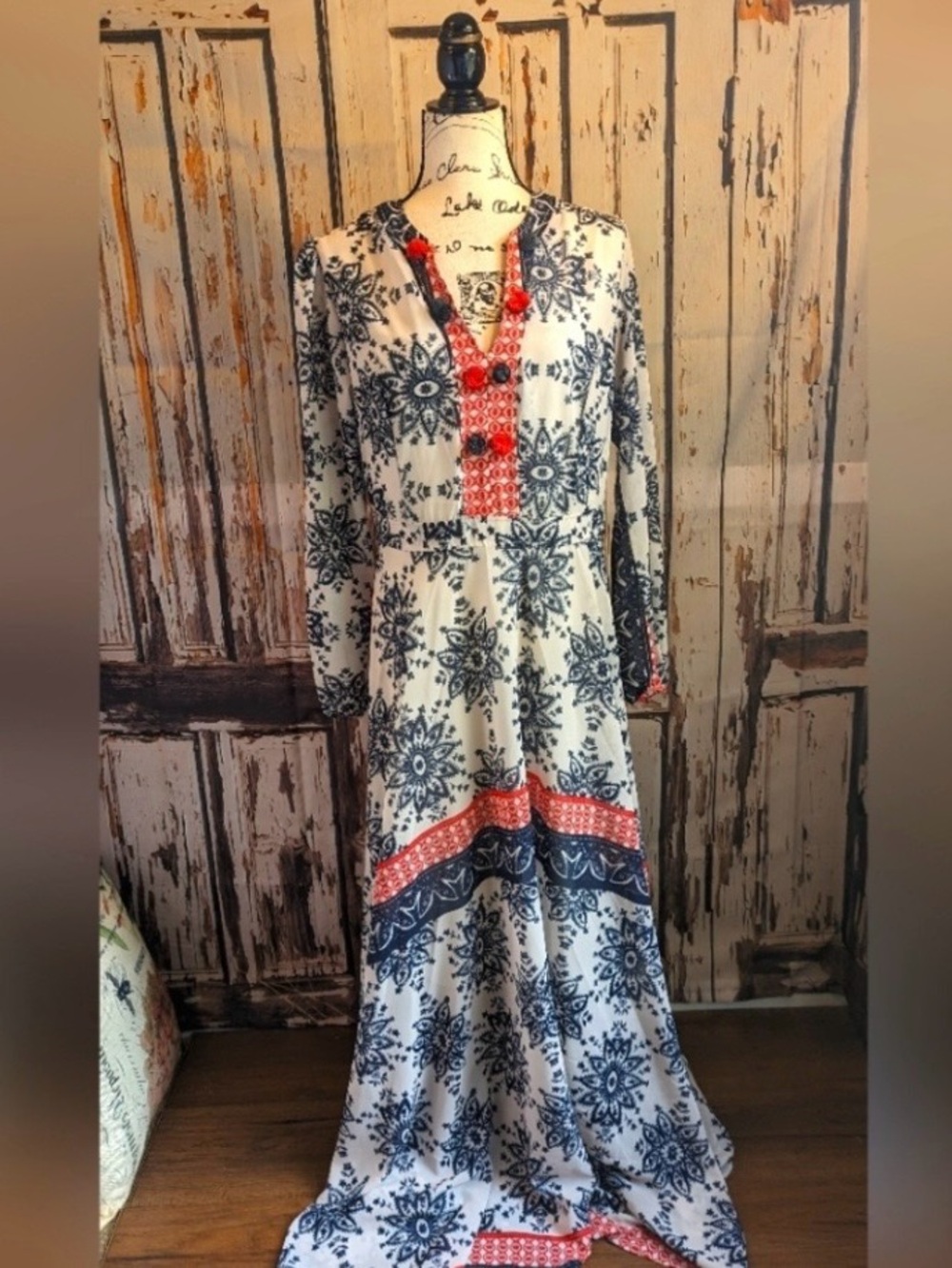 Boho Indigo and Red Printed Long Maxi Dress